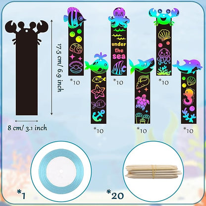 BeYumi 60Pcs Sea World Animals Scratch Bookmarks for Kids DIY Under The Sea Magic Art Rainbow Color Paper Craft Kit Summer Party Favors Birthday Gifts School Classroom Activity Art Project Supplies