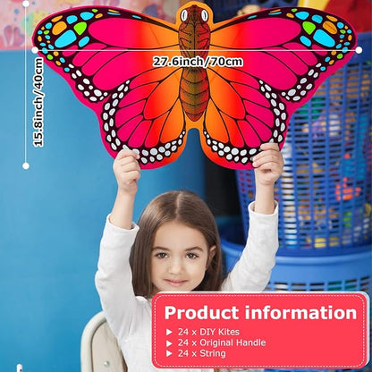 24 Pack DIY Kite for Kids Blank Painting Kite Making Kit Bulk Decorating Coloring Kite Party Pack Easy Flying Kite with Handle and String for Outdoor Activities