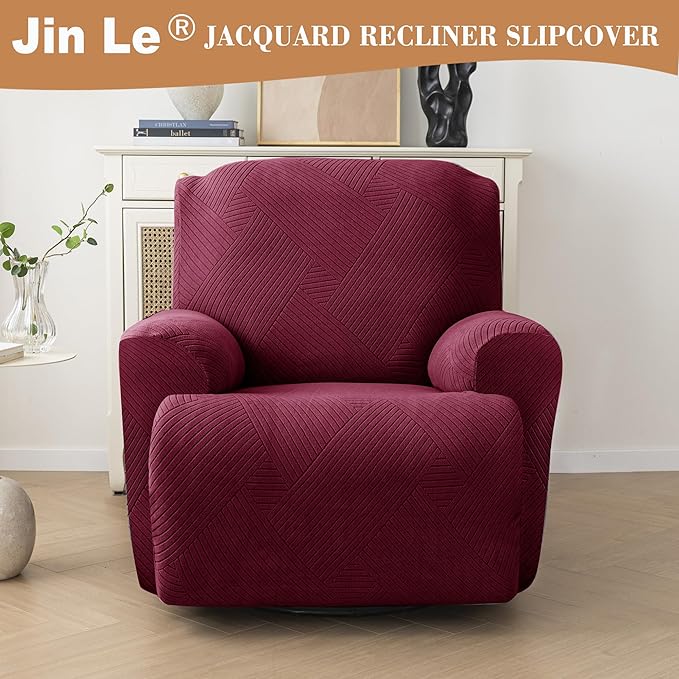Jin Le Recliner Covers Striped Jacquard Recliner Couch Covers Recliner Sofa Slipcovers Furniture Protector Covers for Pet Kid with Elastic Straps Bottom-Wine