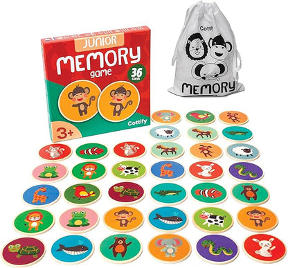 Montessori-Inspired Wooden Matching Game for Toddlers 2-4 Years - Durable, Scratch-Resistant 36 Card Set, Includes Carry Bag - Memory Game for Toddlers 2-4 Years - Cognitive Verbal Skills Development