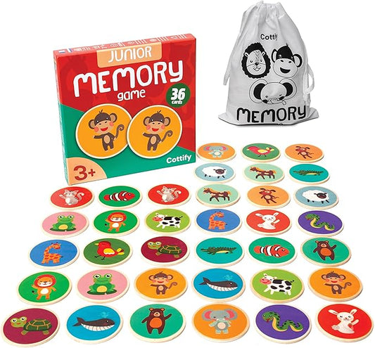 Montessori-Inspired Wooden Matching Game for Toddlers 2-4 Years - Durable, Scratch-Resistant 36 Card Set, Includes Carry Bag - Memory Game for Toddlers 2-4 Years - Cognitive Verbal Skills Development