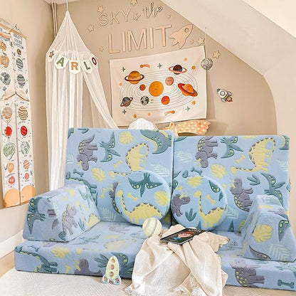 MeMoreCool Modular Glow Sofa for Kids, 8-Piece Convertible Foam Couch Play Set with Glowing Dinosaur Design for Toddlers and Playroom