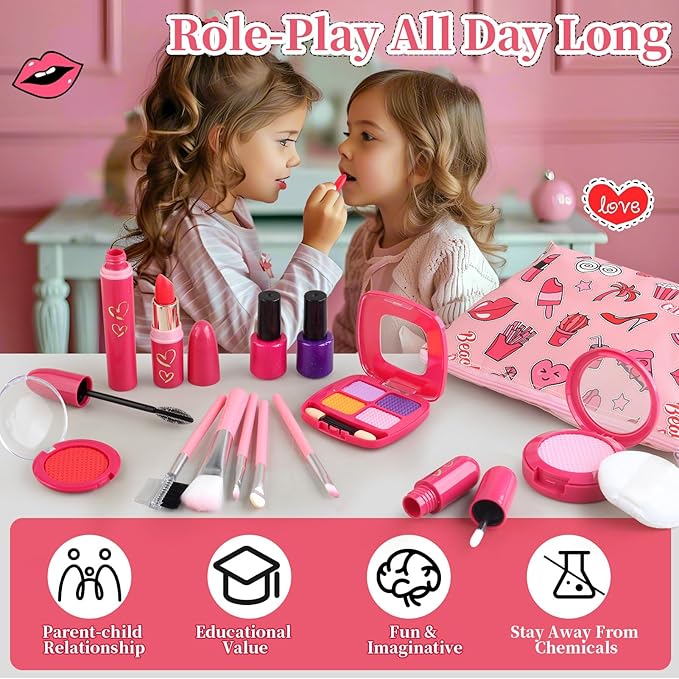 Woumserta Toddler Girls Toys Pretend Makeup Kits - Fake Makeup Set Toys for Kids 3 4 5 6 Year Old, Play Makeup Gift for Little Girls 3-5, Toddler Makeup Kit with Fake Makeup Toy Birthday Gift (Red)