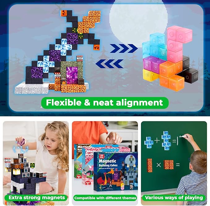 Magnetic Blocks - 150 PCS Build Magnetic Dark Castle Sword Domain World - Magnetic Construction Cube Toys - STEM Montessori Sensory Toys for Toddlers 6 7 8 9 10 Year Old Boys & Girls