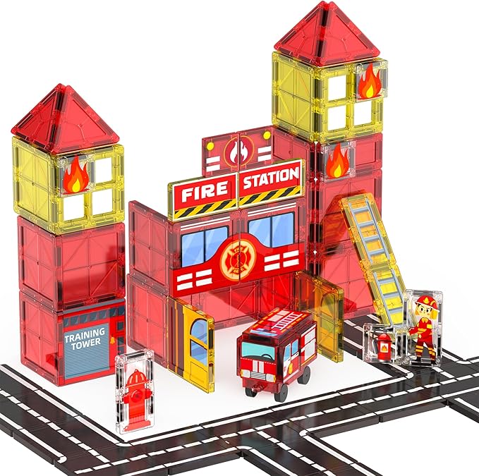 Fire Station Magnetic Tiles for Kids, Building Toys for Kids Ages 4-8 with Fire Truck, Firemen, Road Magnet Tiles. STEM Magnetic Blocks for Kids Ages 4-8, Building Toys for 4+ Year Old Boys Gifts