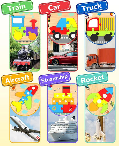Yetonamr Wooden Toddler Puzzles Gifts Toys for 1 2 3 Years Old Boys Girls, 6 Vehicle Shape Montessori Toys Educational Blocks Easter Basket Stuffers Kids Gift Baby Learning Toy Age 1-3, 2-4