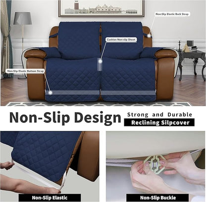 Easy-Going Loveseat Recliner Cover, Reversible Couch Cover for Double Recliner, Split Sofa Cover for Each Seat, Furniture Protector with Elastic Straps for Dogs, Pets(2 Seater, Navy/Ivory)
