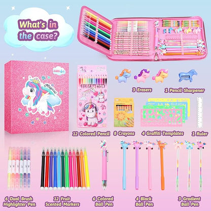 beefunni Unicorn Fruit Scented Markers Set 56 Pcs, Art Supplies for Kids 4-6-8, Arts and Crafts Coloring Set, Markers Pencil Crayon&Gel Pen Drawing Kits - Birthday Gifts for Girls 4 5 6 7 8 Year Old