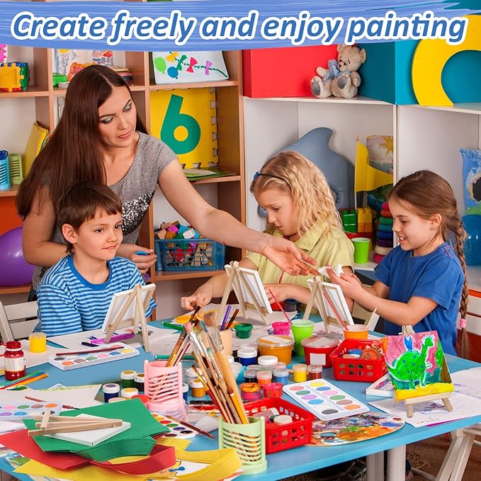 24 Sets 72 Pcs Mini Canvas Easel and Watercolor Paint Set 4 x 4 Inch Canvases for Painting Kids Art Non Woven Bags Washable Watercolors Kids Paint Set for Birthday Painting Art Party Favors Supplies