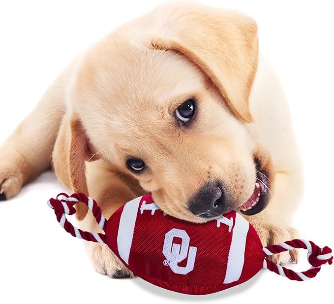 Pets First NCAA Oklahoma Sooners Football Dog Toy, Tough Quality Nylon Materials, Strong Pull Ropes, Inner Squeaker, Collegiate Team Color