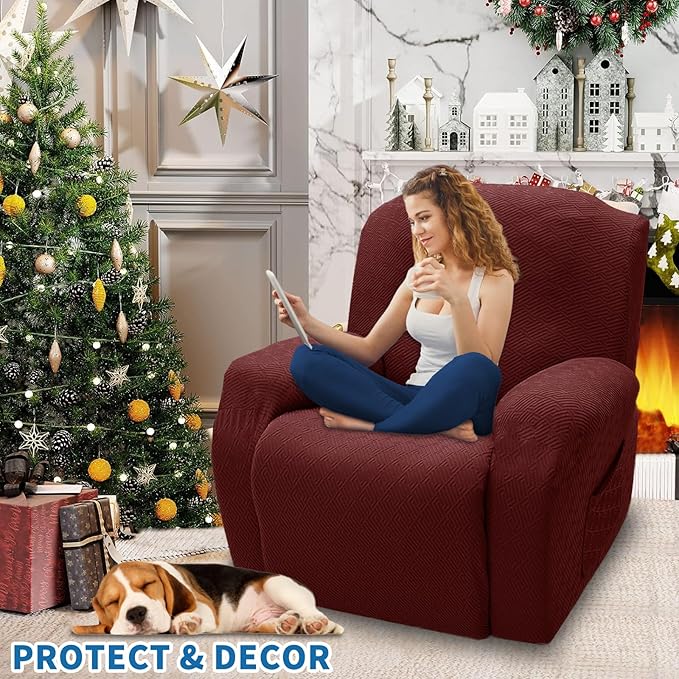 XINEAGE 4 Pieces Recliner Cover Stretch Jacquard Recliner Chair Covers Soft Recliner Slipcovers with Pocket for Kids and Pets, Washable Couch Cover (Recliner, Wine Red)