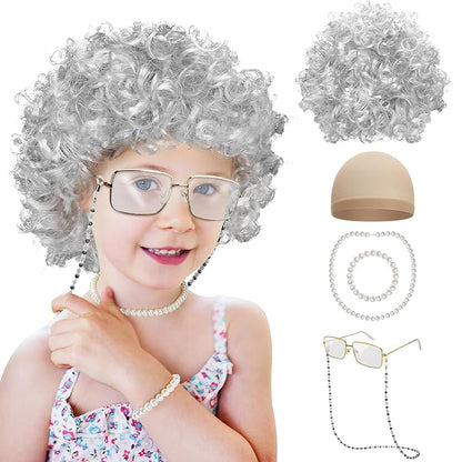 100th Day of School Costume for Girls, Old Lady Cosplay Silver Curly Wig Glasses Wig Cap Pearl Necklace Bracelet Accessories