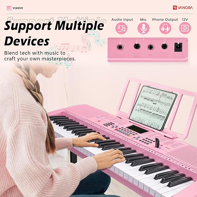 Vangoa Pink Piano Keyboard 61 Key, Electric Keyboard Kit Portable Music Keyboard for Kids Students with Microphone, 600 Tones, 400 Rhythms, 50 Demos, Gift for Beginners