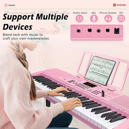 Vangoa Pink Piano Keyboard 61 Key, Electric Keyboard Kit Portable Music Keyboard for Kids Students with Microphone, 600 Tones, 400 Rhythms, 50 Demos, Gift for Beginners
