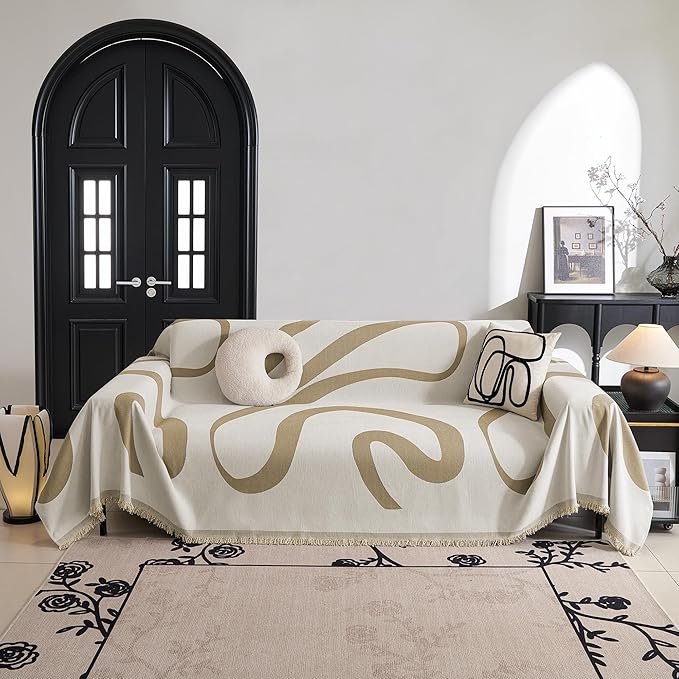 MYSKY HOME Boho Couch Cover Super Soft Couch Covers for 2-3 Cushion Couch Sofa, Modern Khaki Jacquard Sofa Slipcover Loveseat Futon Cover, Couch Covers for Sectional Sofa, 71" x 118", Khaki Curve