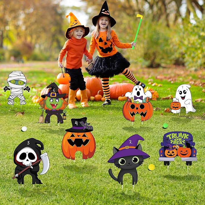 8Pcs Halloween Mini Golf Game Set, Halloween Yard Sign Games for Kids Party, Mini Golf Toy Game Include Clubs Balls Yard Sign Holes for Halloween Party Teens Golf Yard Lawn Indoor Outdoor Decorations