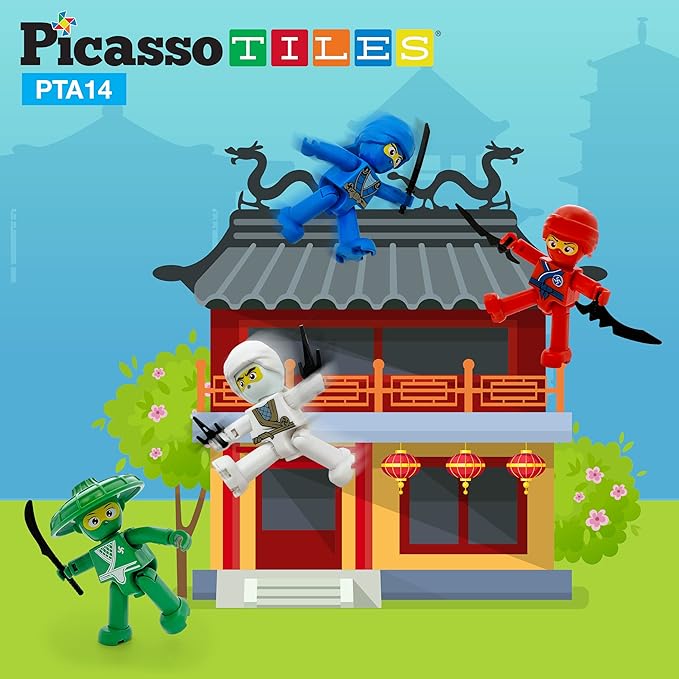 Picasso Toys Magnetic Figures 4 Piece Ninja Character Action Building Block Tiles Toddler Toy Set Magnet Expansion Pack Ages 3 and up Educational STEM Learning Kit Pretend Playset Construction PTA14