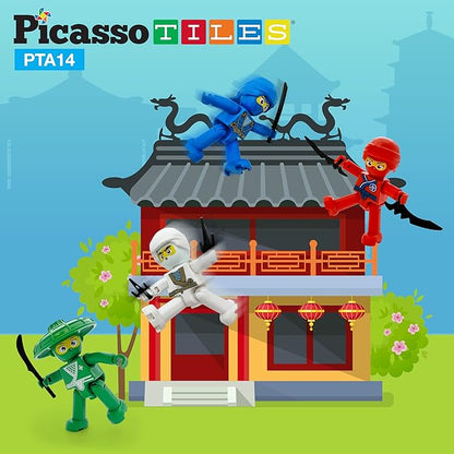 Picasso Toys Magnetic Figures 4 Piece Ninja Character Action Building Block Tiles Toddler Toy Set Magnet Expansion Pack Ages 3 and up Educational STEM Learning Kit Pretend Playset Construction PTA14
