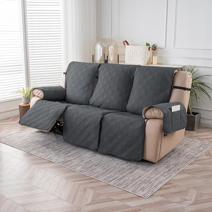 Easehomey Waterproof Recliner Sofa Cover,Non-Slip Reclining Sofa Covers for 3 Seat,Washable Reclining Sofa Cover Furniture Protector with Elastic Straps Pocket for Kids, Pets(Dark Gray,3Seat)