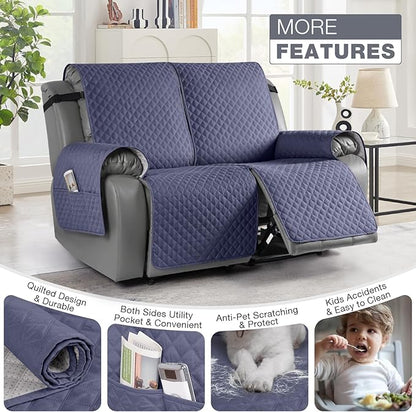TAOCOCO Waterproof Recliner Loveseat Cover Non-Slip Sofa Slipcover, Pet Couch Cover for Loveseat Recliner with Straps, Washable Reclining Loveseat Cover Furniture Protector (2 Seater, Bluish Gray)