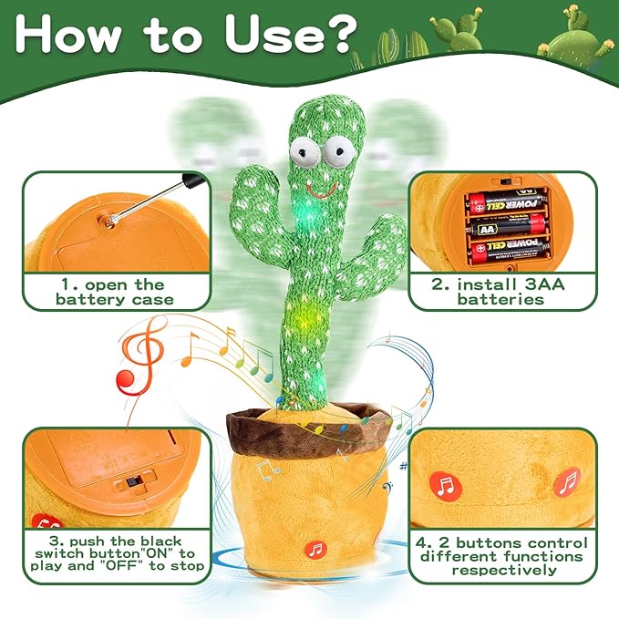 Dancing Talking Cactus Baby Toys, Easter Gifts/Easter Basket Stuffers for Kids, Singing Mimicking Recording Toys Repeats What You Say, Comes with English Songs Talking Musical Toy (Non-Rechargeable)