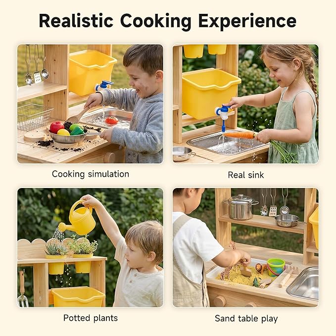 Wooden Mud Kitchen for Kids Outdoor - Play Kitchen with Real Running Water Sink & Removable Sink, 10-Piece Accessory Set with Stainless Steel Cookware & Planter Pots, Montessori Toy Gift for Ages 3+