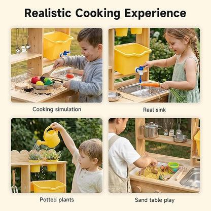 Wooden Mud Kitchen for Kids Outdoor - Play Kitchen with Real Running Water Sink & Removable Sink, 10-Piece Accessory Set with Stainless Steel Cookware & Planter Pots, Montessori Toy Gift for Ages 3+