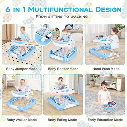 BABY JOY 6-in-1 Baby Walker, Foldable Baby Walker with Wheels, Adjustable Height, Music, Lights, Bouncer & Rocker Mode, Baby Walkers for Boys Girls 6-14 Months (Blue)