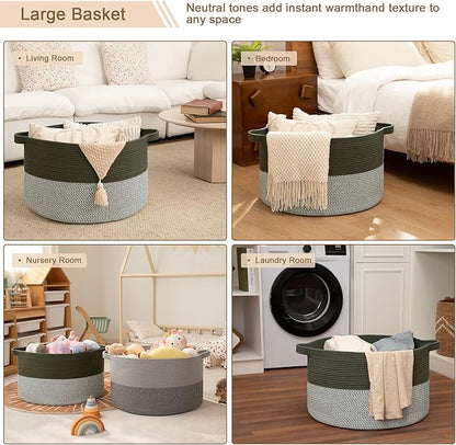 OIAHOMY 90L XXXLarge Blanket Basket for Living Room, 21.7" x 13.8" Woven Cotton Rope Laundry Basket for Organizing Pillows, Decorative Stuffed Animal Toy Storage Bin for Nursery, Green and Grey