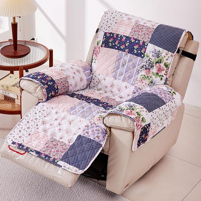 EVENHUG Recliner Sofa Cover Patchwork Floral Sofa Slipcover Washable Couch Cover for Reclining Couch Furniture Protector Cover with Elastic Straps for Pets Kids Dog Cat (Recliner,Purple)