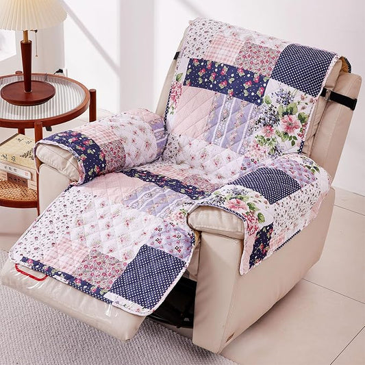 EVENHUG Recliner Sofa Cover Patchwork Floral Sofa Slipcover Washable Couch Cover for Reclining Couch Furniture Protector Cover with Elastic Straps for Pets Kids Dog Cat (Recliner,Purple)