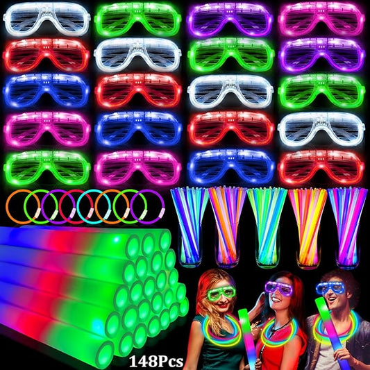 148 PCS Glow in the Dark Party Supplies- 24 Pcs 16" Foam Glow Sticks, 24 Pcs LED Glasses, 100 Pcs Glow Sticks Necklaces Bracelets Light Up Party Favors Football Party Supplies Wedding Birthday Concert