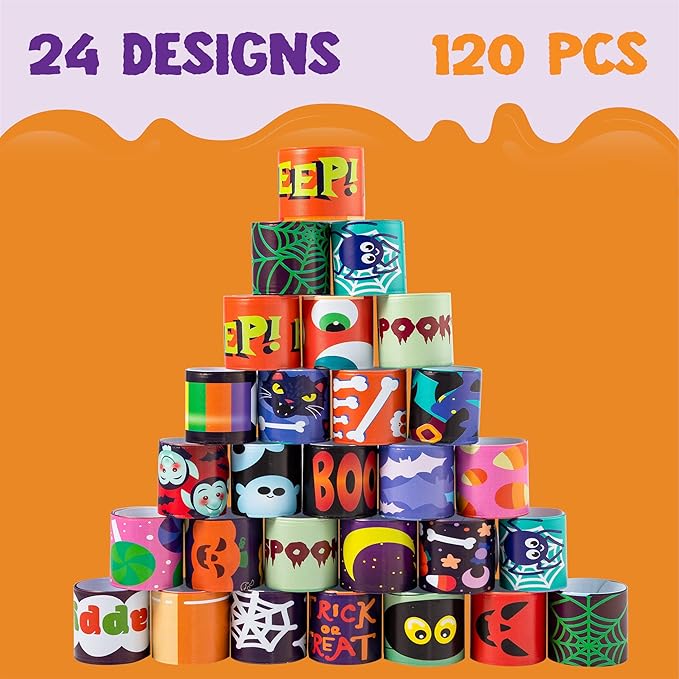JOYIN 120 PCS Halloween Slap Bracelets Party Favors for Kids - 24 Designs Bracelets for Halloween Decorations, Halloween Treat Bag Stuffers, Non-candy Gift