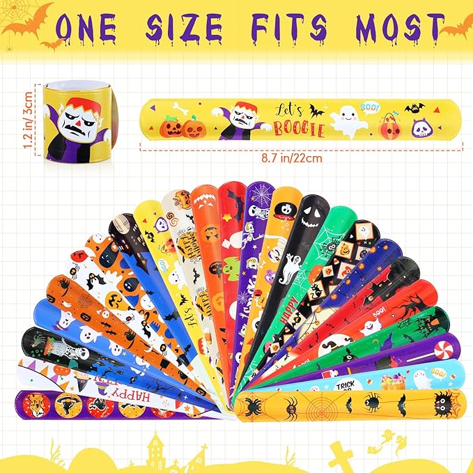 Liliful 240 Pcs Halloween Slap Bracelets Bulk for Kids Halloween Snap Bracelets Decor 24 Styles Halloween Wristbands Bags Filler Halloween Party Favor