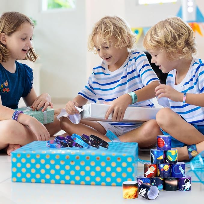 48 Pcs Outer Space Party Favors 24 Space Slap Bracelets 24 Silicone Wristbands Galaxy Astronaut Bracelets Bulk for Kids Classroom Rewards Stars Solar System Planet Birthday Party Supplies