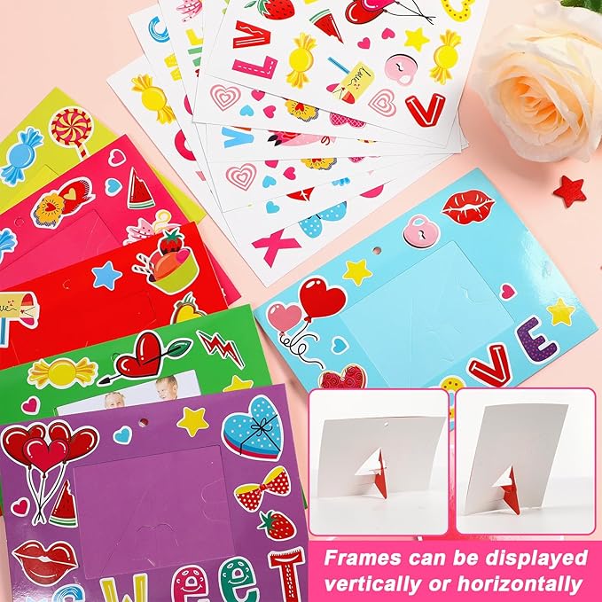 Qyeahkj 48 Sets Valentines Day Picture Frame Craft Kits with Easel Valentine 's Day Craft Arts for Kids with Heart Stickers Valentines DIY Photo Frame for Fun Home Class Kindergarten Party Activity