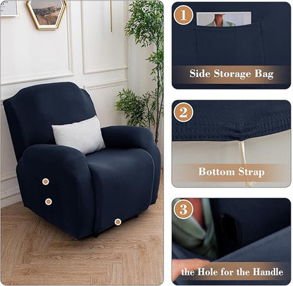 Jin Le 4 Pieces Recliner Cover Stretch Recliner Chair Cover 1 Seater Recliner Couch Covers Sofa Covers Stretch Soft Furniture Protector with Elastic Bottom and Ties for Kids Pet(Recliner, Navy)
