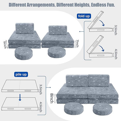 MeMoreCool Modular Glow Dinosaur Sofa for Kids, 8-Piece Convertible Foam Toddler Couch Play Set for Playroom and Children