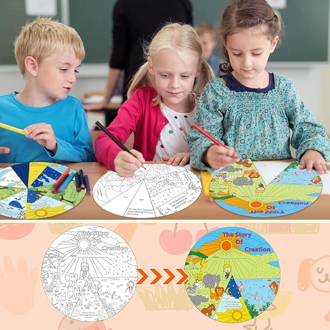 Ireer 24 Sets Sunday School Crafts for Kids Religious Activities Color Your Own Creation Wheel The Story of Creation Wheel Religious Art for Kids VBS Crafts