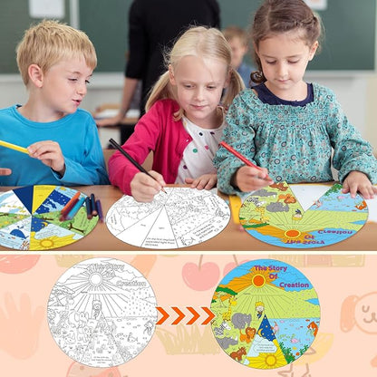 Ireer 24 Sets Sunday School Crafts for Kids Religious Activities Color Your Own Creation Wheel The Story of Creation Wheel Religious Art for Kids VBS Crafts