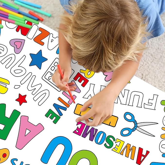Motivational Large Coloring Poster for Kids 30 x 72 Inch, Giant Positive Affirmations Coloring Paper Tablecloth Sheets, Color-in Activities Games for Kids Classroom Home Birthday Party Supplies