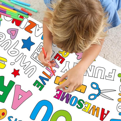 Motivational Large Coloring Poster for Kids 30 x 72 Inch, Giant Positive Affirmations Coloring Paper Tablecloth Sheets, Color-in Activities Games for Kids Classroom Home Birthday Party Supplies