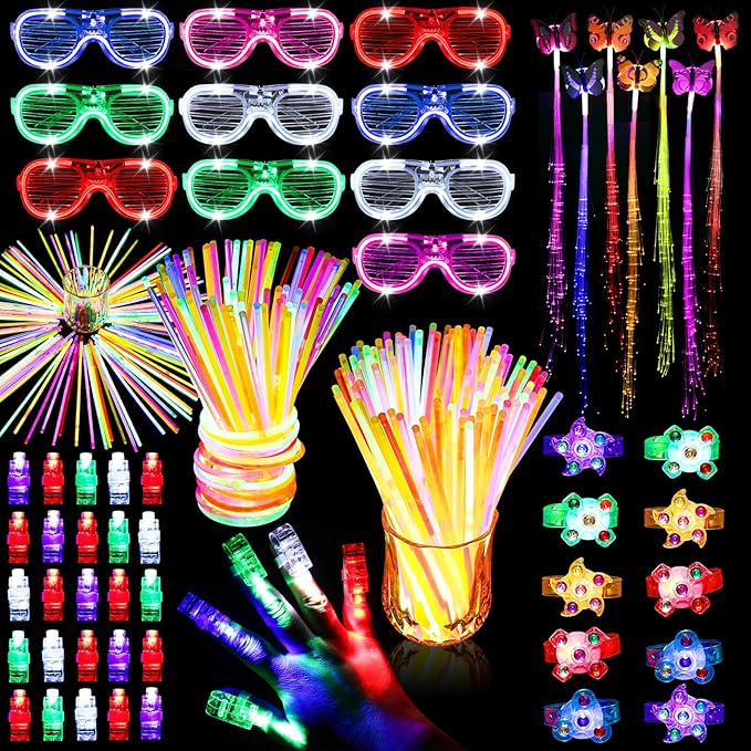 180 PCS Glow in The Dark Party Pack, Light Up Toy Party Supplies with 100 Glow Sticks Bulk, 10 LED Flashing Glasses, 10 Fidget Spinner Bracelets, 10 Fiber Optic Hair, 50 Finger Lights Favors for Kids
