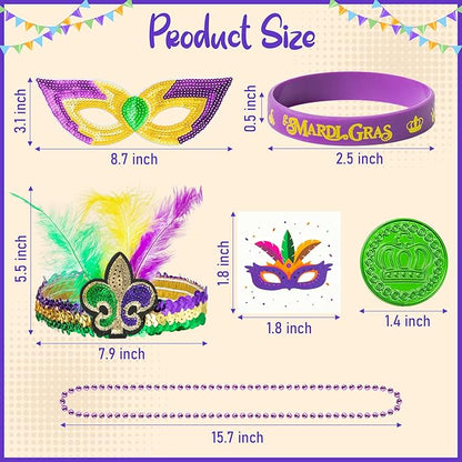 WATINC 186pcs Mardi Gras Party Favors Set, Mardi Gras Masks Headbands Coins Tattoo Stickers Silicone Bracelets Necklaces Beads Assorted for Masquerade Parade Carnival Costume Party Decorations