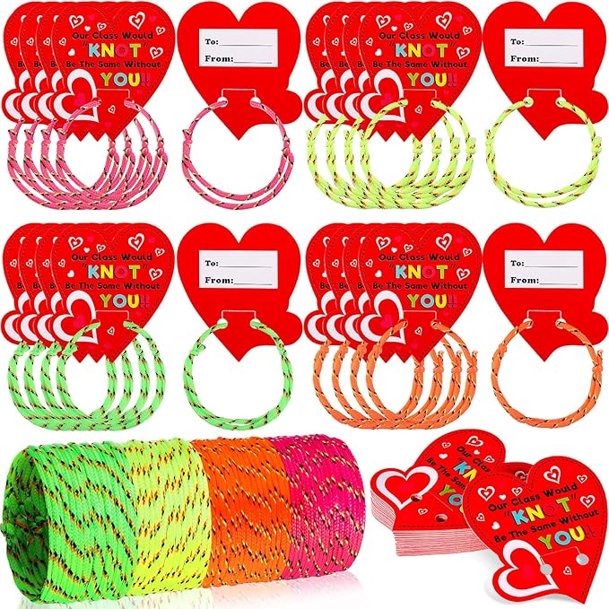 Sratte 50 Pcs Valentine's Day Neon Friendship Bracelets Bulk with 50 Pcs Heart Card for Valentine's Gifts Birthday Goodie Bag Stuffers(Paper,Slap Bracelets)