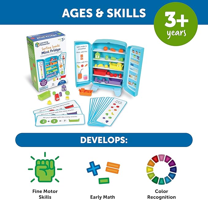 Learning Resources Sorting Snacks Mini Fridge, Educational Snack Toys, Fine Motor Toys, Food Toys, Gifts for Kids, Ages 3+, 51 Pieces