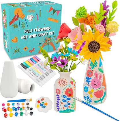 FTBox Crafts Kit for Girls Ages 6-12, Felt Flowers Bouquet and Paint Vase Art Craft Project for Girls, DIY Activity Christmas Birthday Gift for Girls Age 6 7 8 9 10 11 12 Year Old (Ceramic Vases)