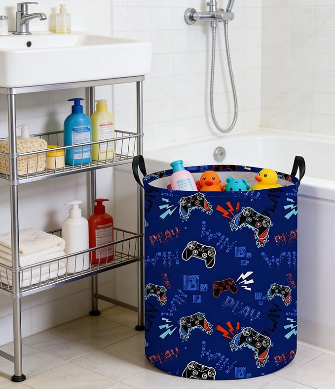 Game Laundry Basket Baby Hamper Dirty Clothes hamper Baby Nursery Hamper Gift Baskets Toy Storage Bin Boy Room Decor(Blue Games)