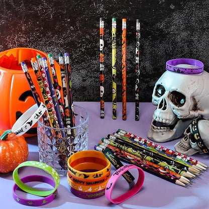 48 Pcs Halloween Pencils Halloween Rubber Bracelets Set Halloween Party Favors for Kids Ghost Pumpkin Skeleton Bat Spider Pencils Silicone Wristbands Trick or Treat Gifts Classroom Gifts for Students