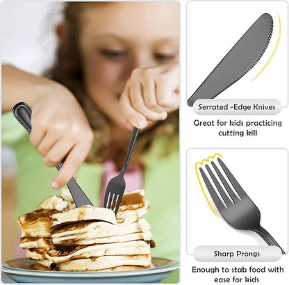 12-Piece Black Kids Silverware, E-far Stainless Steel Toddler Kids Utensils Safe for Preschooler/Children, Includes 4 Forks 4 Spoons 4 Knife, Slimline Look & Small Size, Healthy & Rust Free